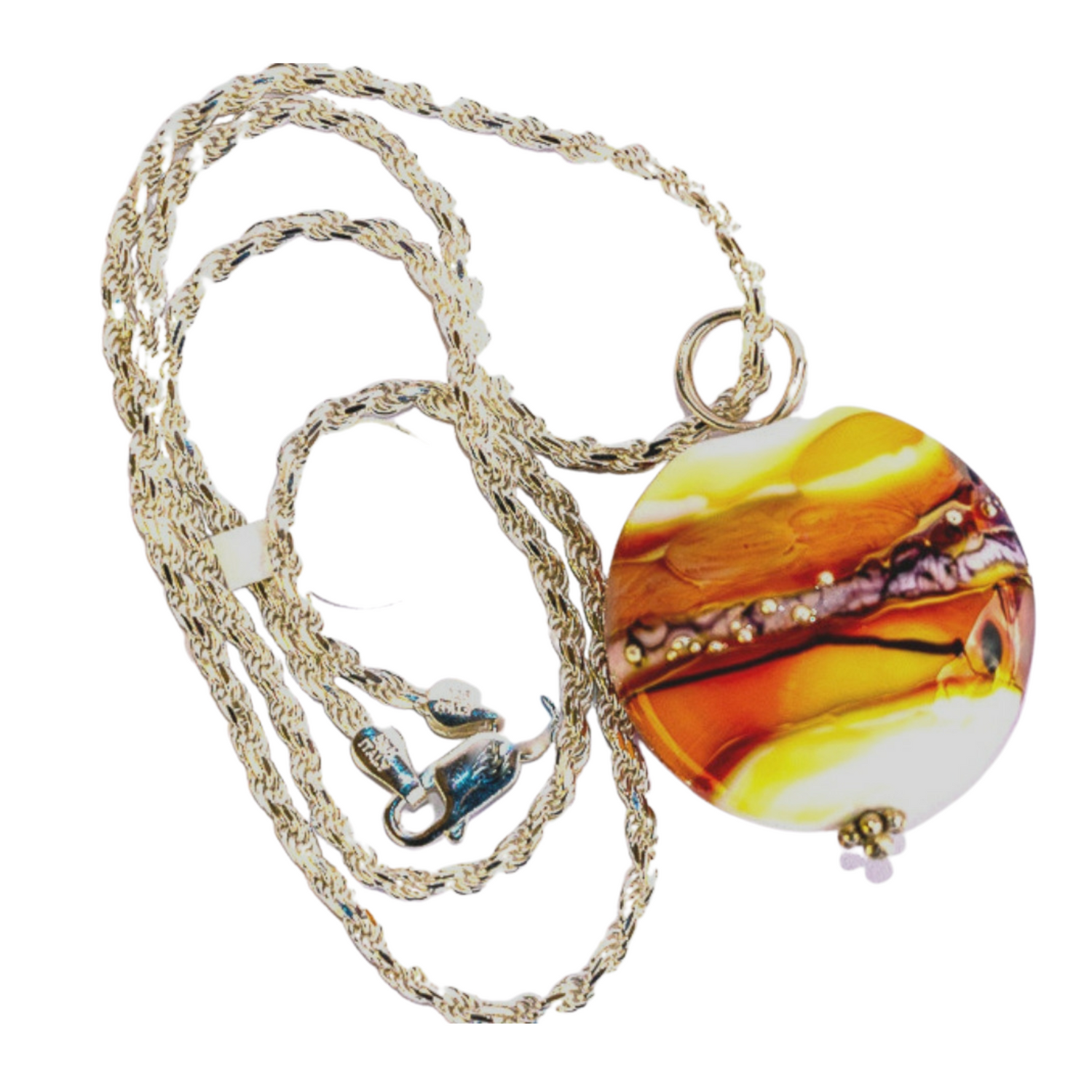 sunset colored lampwork bead reminiscent of a sky, mountains and water at sunset.  Silver twisted rope chain.