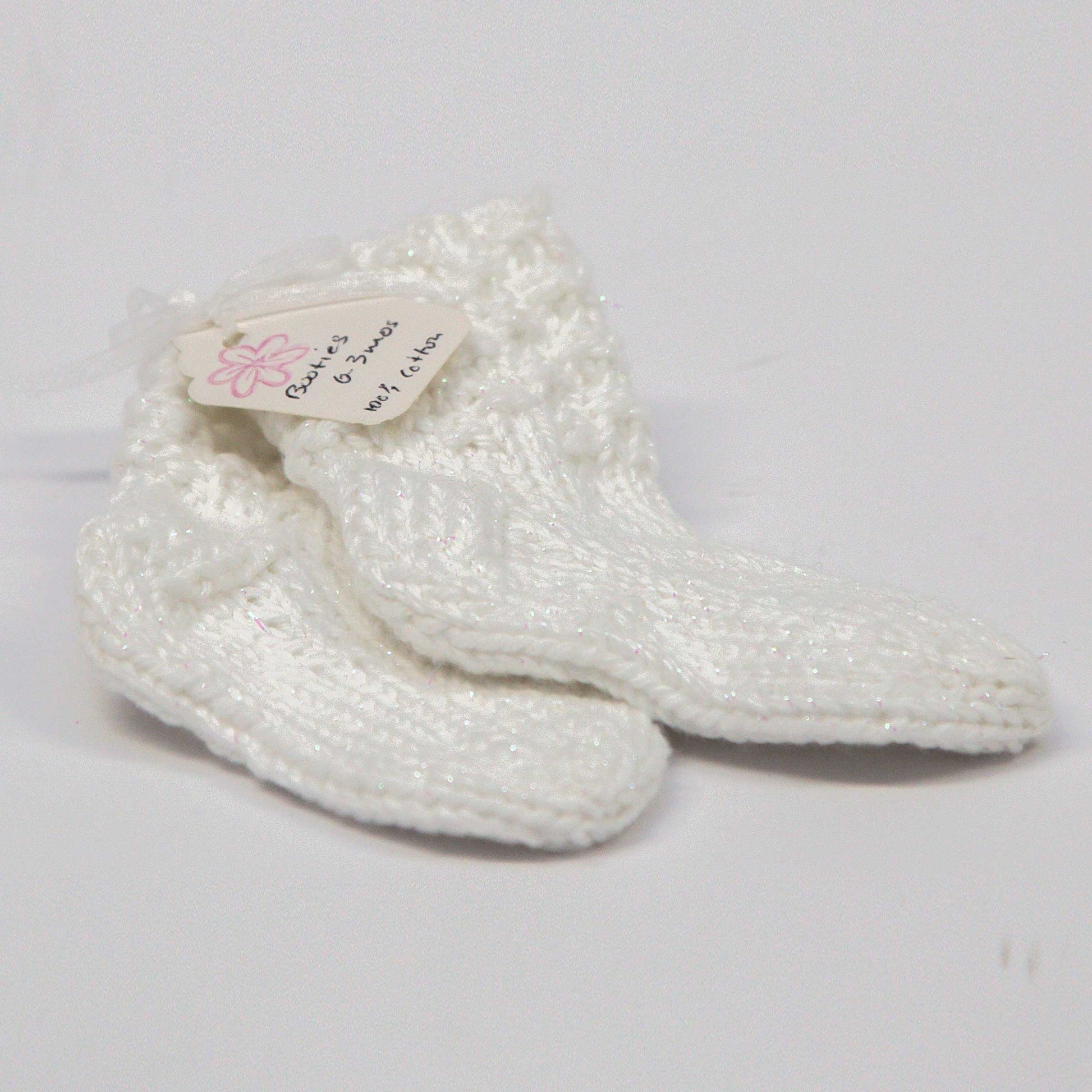 Baby Booties, 0-3 months, Hand Knit, Cotton, No Seam, Washable, White