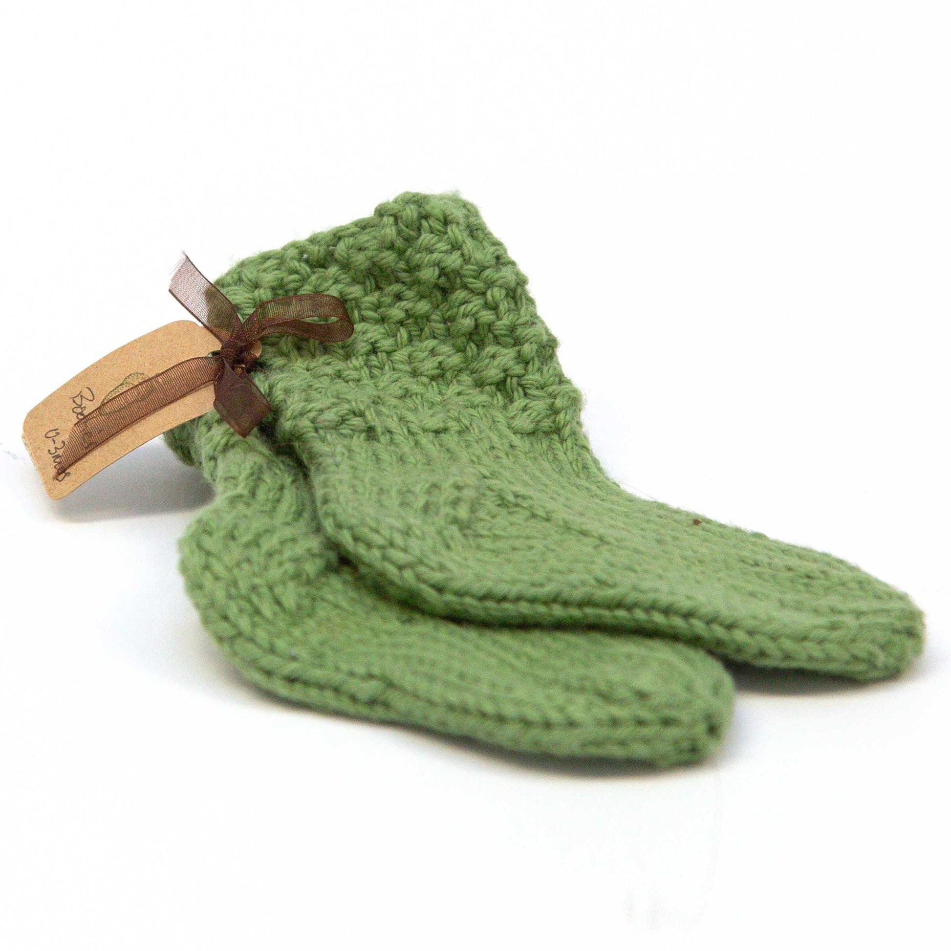 Baby Booties, 0-3 months, Hand Knit, Cotton, No Seam, Washable, Green