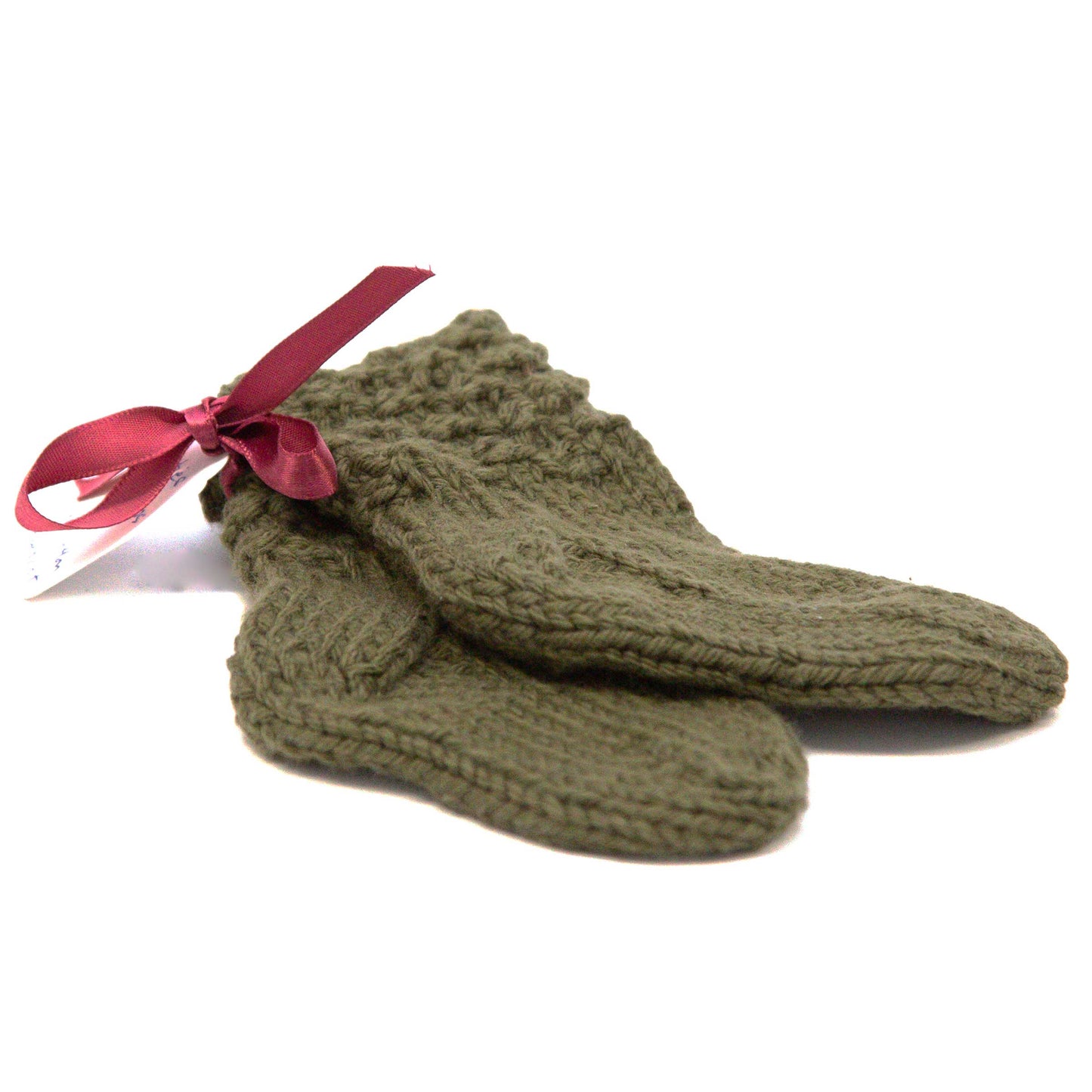 Baby Booties, 0-3 months, Hand Knit, Cotton, No Seam, Washable, Olive