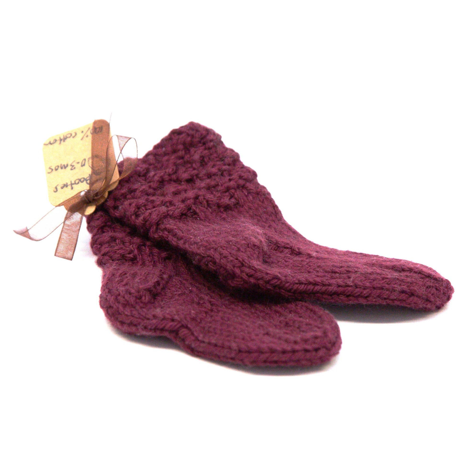 Baby Booties, 0-3 months, Hand Knit, Cotton, No Seam, Washable, Burgundy