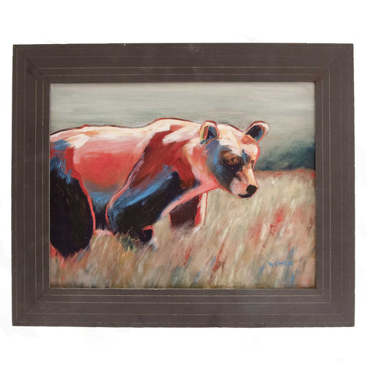 Bear Pausing by Becky Owen, Original artwork, Black bear in field, bold colors, framed painting, ready to hang