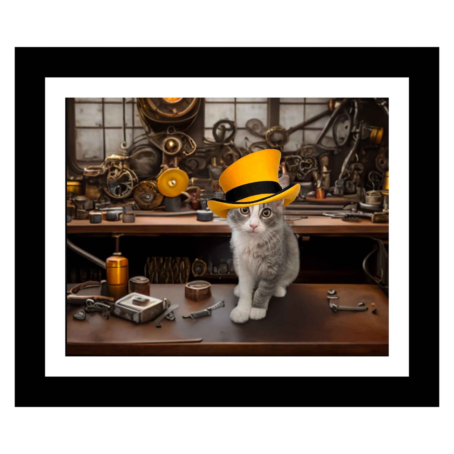 Charles Dean Carpino, Curiosity, Cat, Feline Curiosity, photograph, Fiona of Punking Wharf, kitten, computer-generated backdrop, steampunk hat, yellow hat, hat, colorful, 8 x 10 matted to 11 x 14