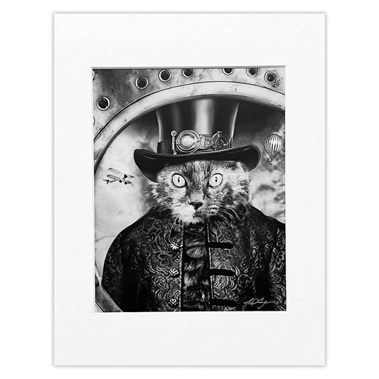 Composite, Black and white, photograph, Cat, Kitty, steampunk, 8 X 10 print Framed, 8 X 10 print matted to 11 X 14, Charles Dean Carpino