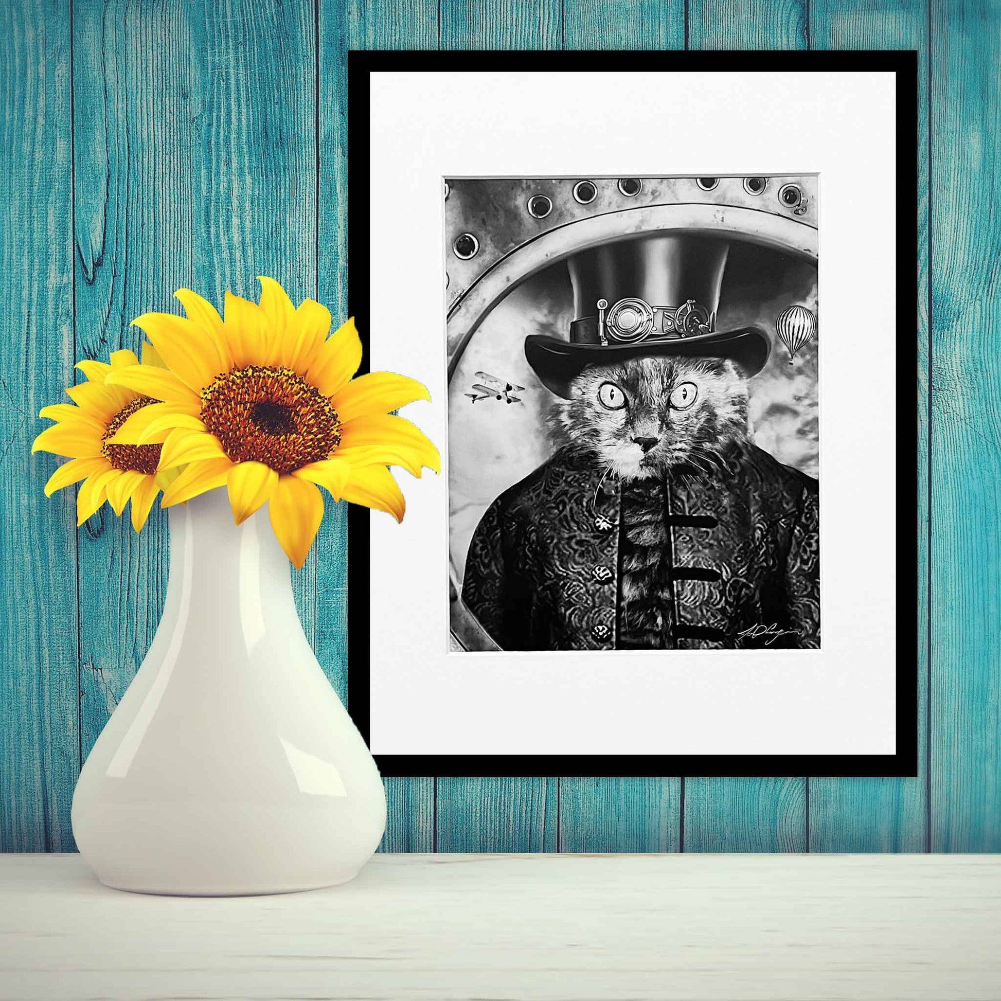 Composite, Black and white, photograph, Cat, Kitty, steampunk, 8 X 10 print Framed, 8 X 10 print matted to 11 X 14, Charles Dean Carpino