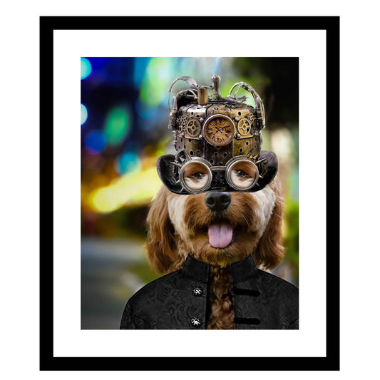 Charles Dean Carpino, photograph, funky, steampunk, dog in hat and jacket, colorful, Doodle Puppy, computer-generated background, 8x10 matted to 11x14