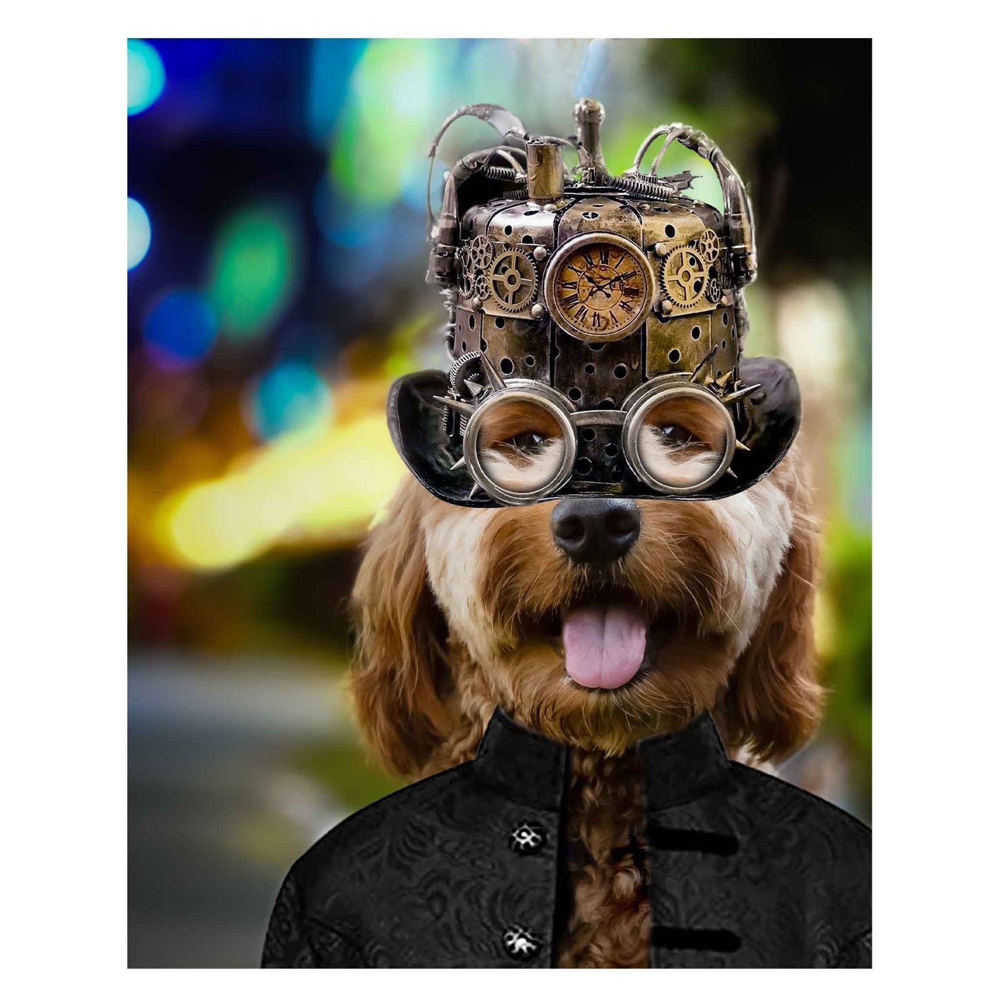 Charles Dean Carpino, photograph, funky, steampunk, dog in hat and jacket, colorful, Doodle Puppy, computer-generated background, 8x10 matted to 11x14