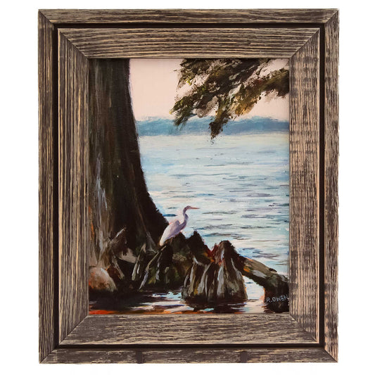 JRO Crane on Deer Island Original Acrylic Painting, Rustic beauty, wild bird painting, water scene, Cypress knees, Lake Dora, Florida, pastel blues and brown. 