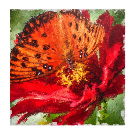 ECC Garden Beauties Framed 12 x 12 inch Canvas Print by Photographer Claire Closson..  Warm reds and Oranges contrast with a green backdrop.  Measures 12" x 12".  Printed on canvas in a painterly style it will liven up  your space.  