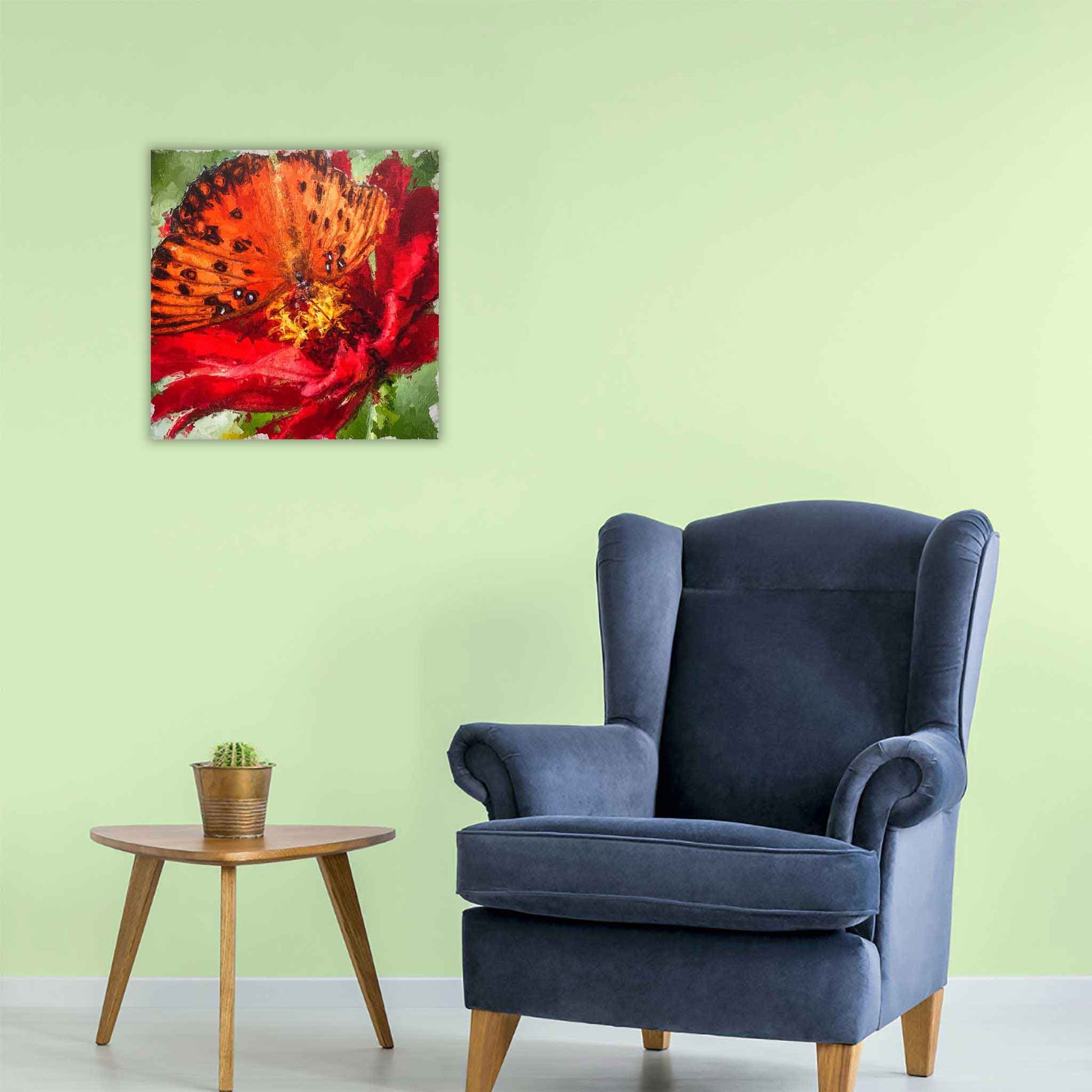 ECC Garden Beauties Framed 12 x 12 inch Canvas Print by Photographer Claire Closson..  Warm reds and Oranges contrast with a green backdrop.  Measures 12" x 12".  Printed on canvas in a painterly style it will liven up  your space.  