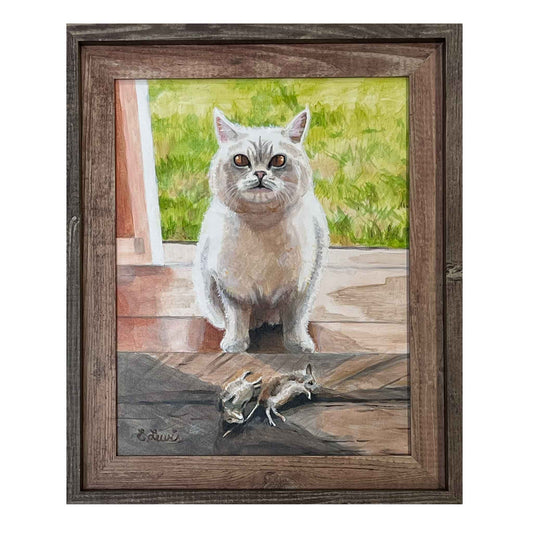 EKL Early Morning Catch Original Acrylic Painting by Emily Lewis. Beautiful crosseyed cat who has presented two mice, beige cat that is sits green backlit scene, Framed canvas original painting