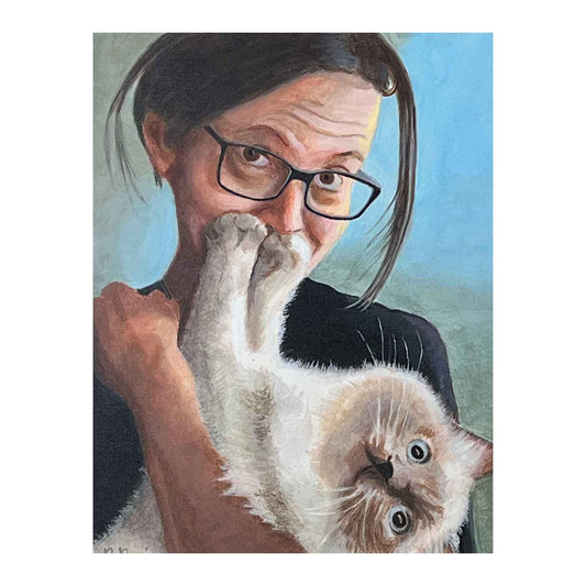 Laura and Her Cat Original Acrylic by Artist Emily Lewis.  Lovely original painting of a woman holding her white cat.  This painting captures the relationship between Laura and her cat.  Perfect painting for the cat lover!  Woman in black top with black framed glasses.  11 x 14 black floater framed. Ready to hang.