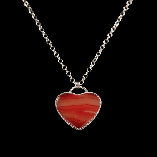 large, heart-shaped, Carnelian stone, sterling silver, textured back, 20-inch Rolo chain and clasp, Carnelian,Heart-Shaped, Pendant, 1.5" x 1.5"