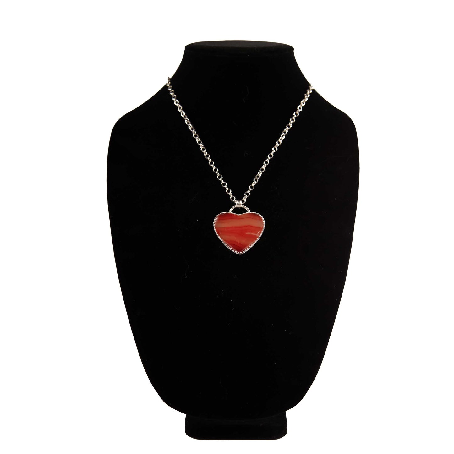 large, heart-shaped, Carnelian stone, sterling silver, textured back, 20-inch Rolo chain and clasp, Carnelian,Heart-Shaped, Pendant, 1.5" x 1.5"