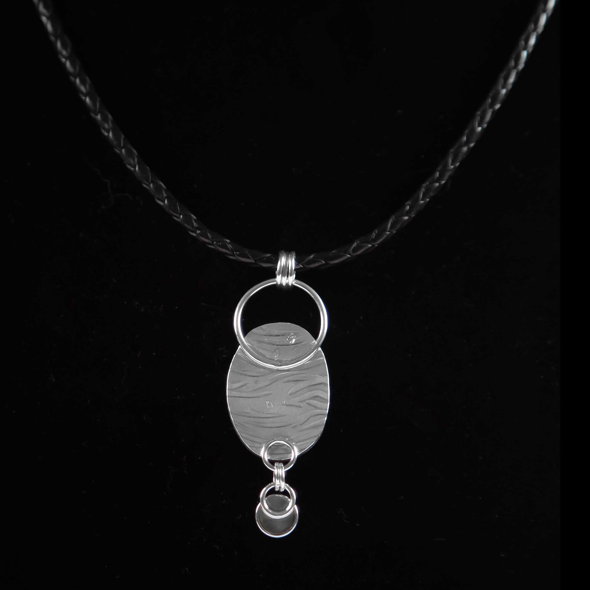 White stone, black lines, sterling silver,  textured back, 20-inch black leather chain with clasp, Onyx stone,  Dendritic Opal, Onyx Pendant, 2.25" x .75"