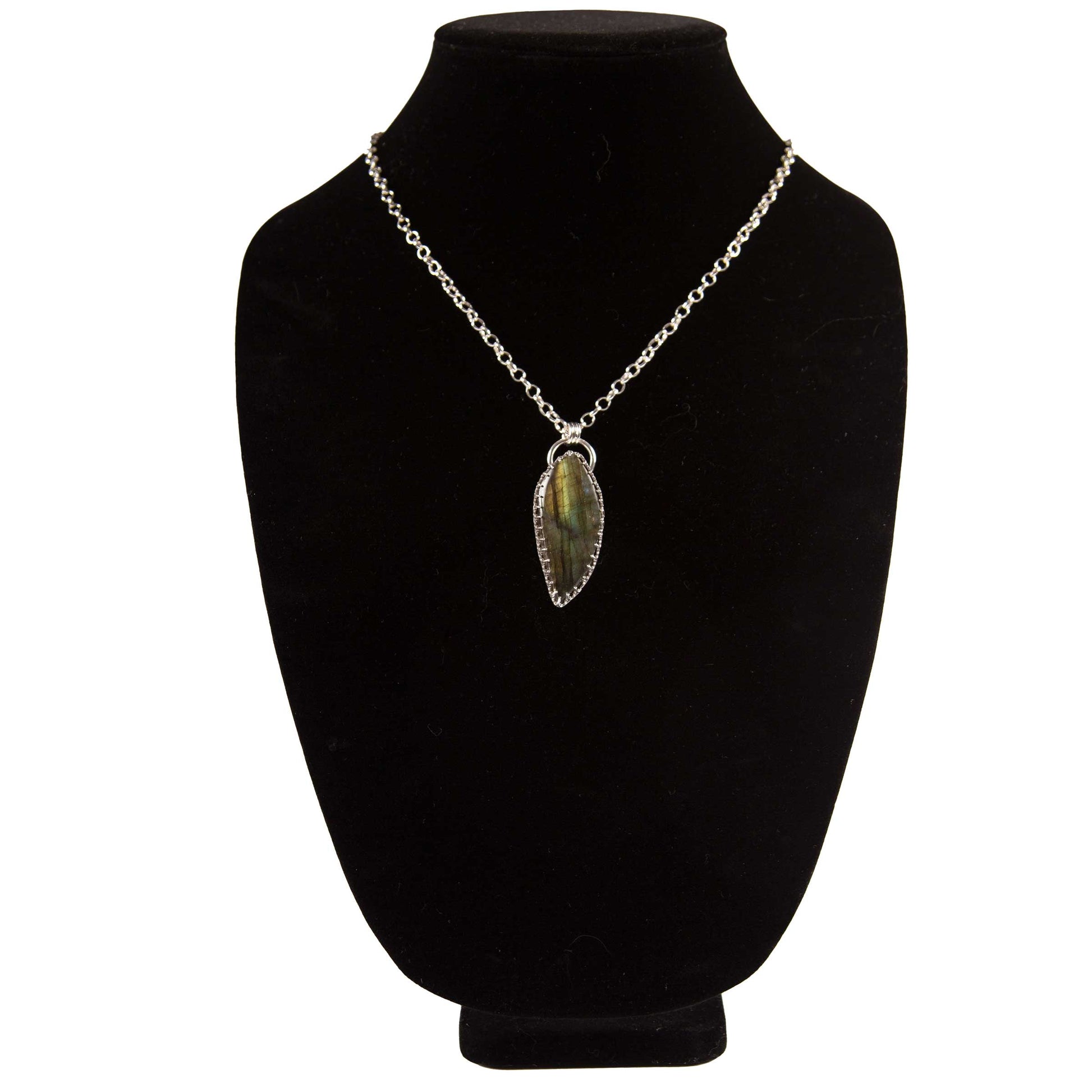Large, deep cut, labradorite stone, fine silver bezel, sterling silver textured back,  sterling silver 20-inch Rolo chain with clasp,  Labradorite, Pendant, 2.25" x .75"