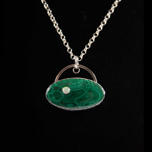 Green Malachite,  white opal, sterling silver, textured back, 20-inch Rolo chain and clasp, 2" x 1.75"