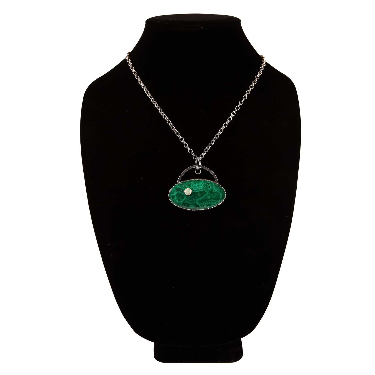 Green Malachite,  white opal, sterling silver, textured back, 20-inch Rolo chain and clasp, 2" x 1.75"