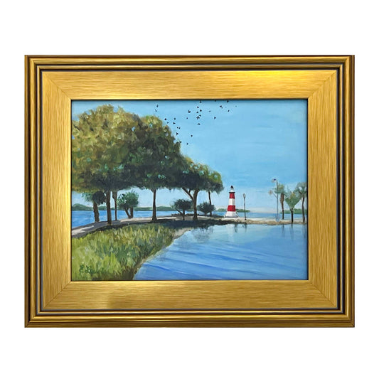 Iconic Mount Dora Lighthouse on Grantham Point, Original Acrylic painting, framed in a gold Plein Air Frame, Blue water and blue sky, 11" x 14"