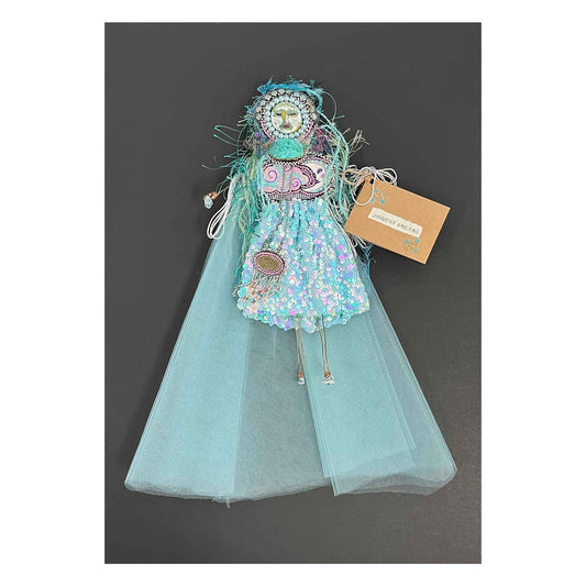 Spirit of Dreams, Doll, Wall Hanging, aqua sequins, netting, bead embroidery, wood, cloud, moon, ceramic hands and feet, polymer clay face, pearls, wire, fringe, yarn ,fabric, 16 X 7