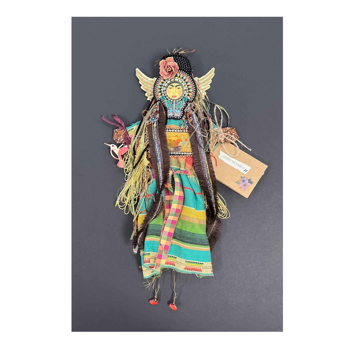 Mixed Media Spirit Doll, wall hanging, fabric, wood, wire, yarn, ribbon, bead embroidery, Doll, positive energy, Frida Kahlo Face, Dimensions  20"x11"