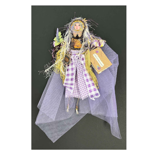 Spirit Doll, Doll, Spirit of Friendship Doll, purple gingham, netting,  bead embroidery, fabric, yarn, wood, ceramic features, wire, amethyst stones, lavender sprig, gold fringe  16 X 8