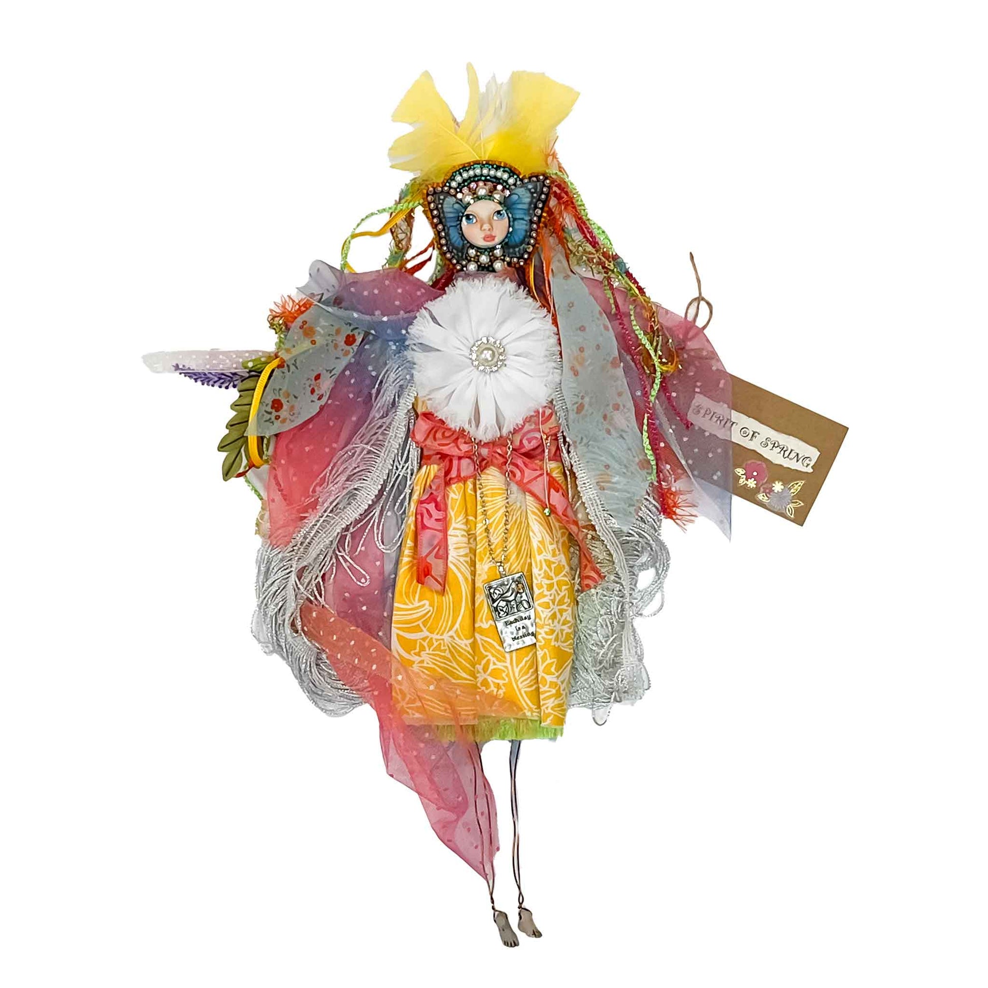 Multi-media, Wall hanging, Spirit Doll,  pastel colors,  bead embroidery,  fabric, netting, ribbons, yarn, pearls, ceramic face and feet, wood, wire, feathers, 19 inches Long x 11 inches Wide