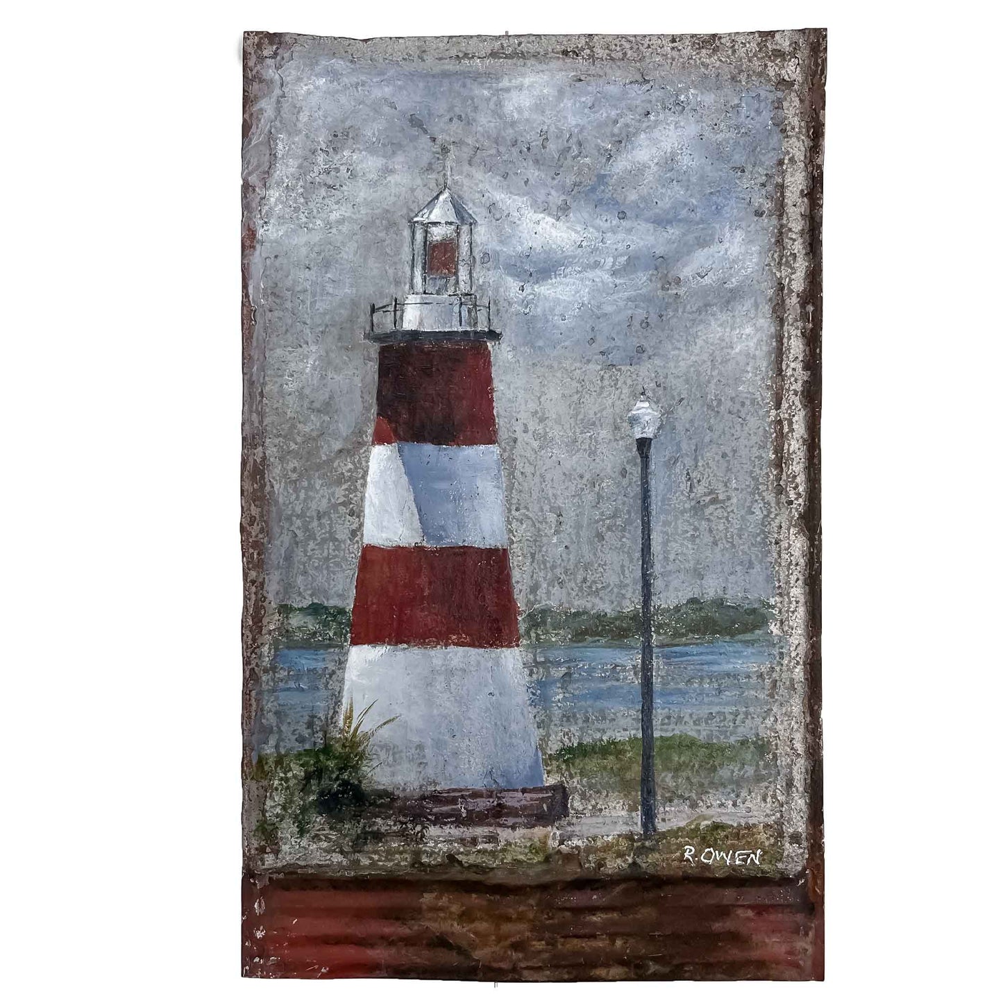 JRO A Mount Dora Landmark - The Lighthouse Painting by Renowned Artist Becky Owen. Mount Dora Lighthouse is a landmark in Mount Dora, Florida. Painted in acrylics on a vintage metal roof shingle. Stormy skies Contrast with the distinctive red and white markings on the lighthouse. Far side of Lake Dora in the background. 9 x 14 inches.