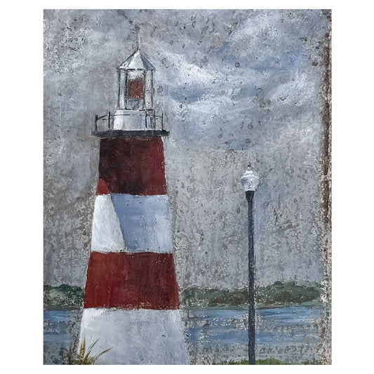 JRO A Mount Dora Landmark - The Lighthouse Painting by Renowned Artist Becky Owen.  Mount Dora Lighthouse is a landmark in Mount Dora, Florida.  Painted in acrylics on a vintage metal roof shingle.  Stormy skies Contrast with the distinctive red and white markings on the lighthouse.  Far side of Lake Dora in the background.  9 x 14 inches.