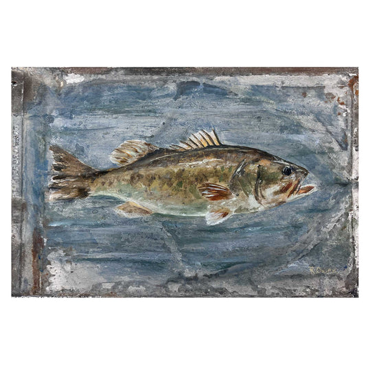 JRO Big Boy Bass Acrylic on Vintage Shingle, Largemouth Bass fish, Original Acrylic painting on vintage metal roof shingle, 9" x 14