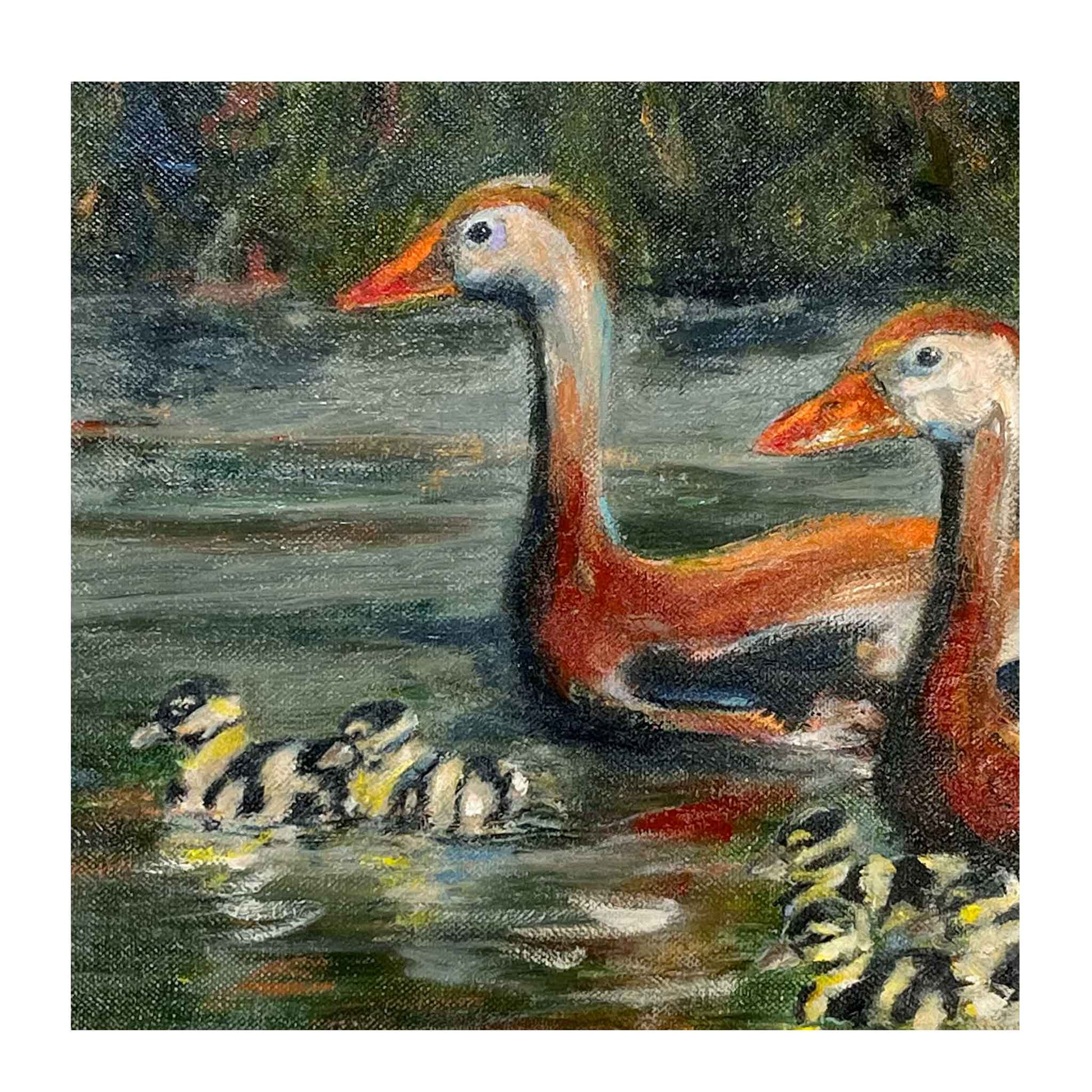 JRO Family Outing of Whistling Ducks Original Painting. A pair of Whistling Ducks with 5 tiny ducklings. The parents are a rusty brown with black and white markings contrast with their orange beaks . While the ducklings are yellow, black and white. Wild bird painting of ducks and ducklings. Swimming in stream. Green foliage tumbles to the water's edge. 16" x 21" in a stunning wooden frame.