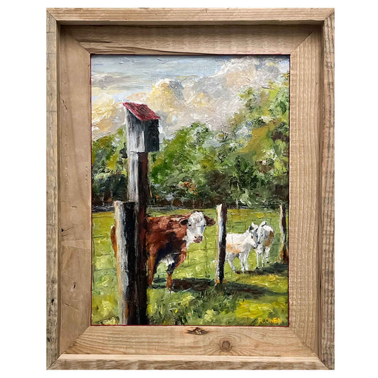 JRO Friends at the Fence Original Oil Painting by Artist Becky Owen.  Green pastures and majestic trees serve as a backdrop to this charming country scene.  A brown and white cow and two tiny donkeys wait by the fence beneath a wooden bird house.   They appear to be waiting  expectantly.  The pastel blue sky features building clouds.  Framed in a rustic wooden frame and ready to hang.  Measures 12 " x 15".  