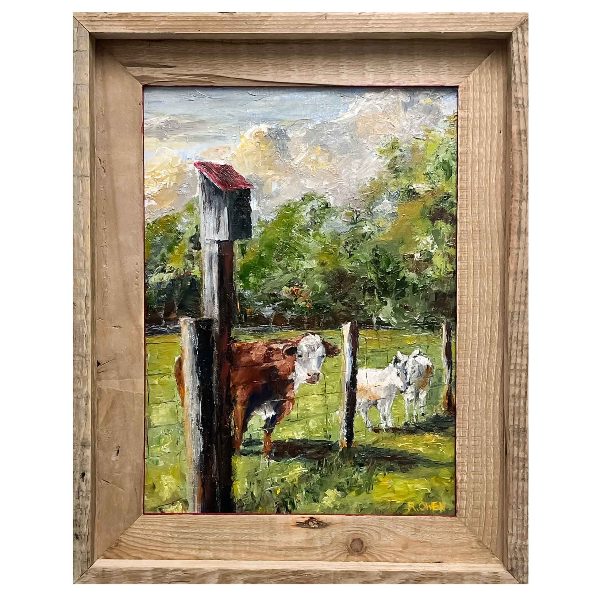 JRO Friends at the Fence Original Oil Painting by Artist Becky Owen.  Green pastures and majestic trees serve as a backdrop to this charming country scene.  A brown and white cow and two tiny donkeys wait by the fence beneath a wooden bird house.   They appear to be waiting  expectantly.  The pastel blue sky features building clouds.  Framed in a rustic wooden frame and ready to hang.  Measures 12 " x 15".  