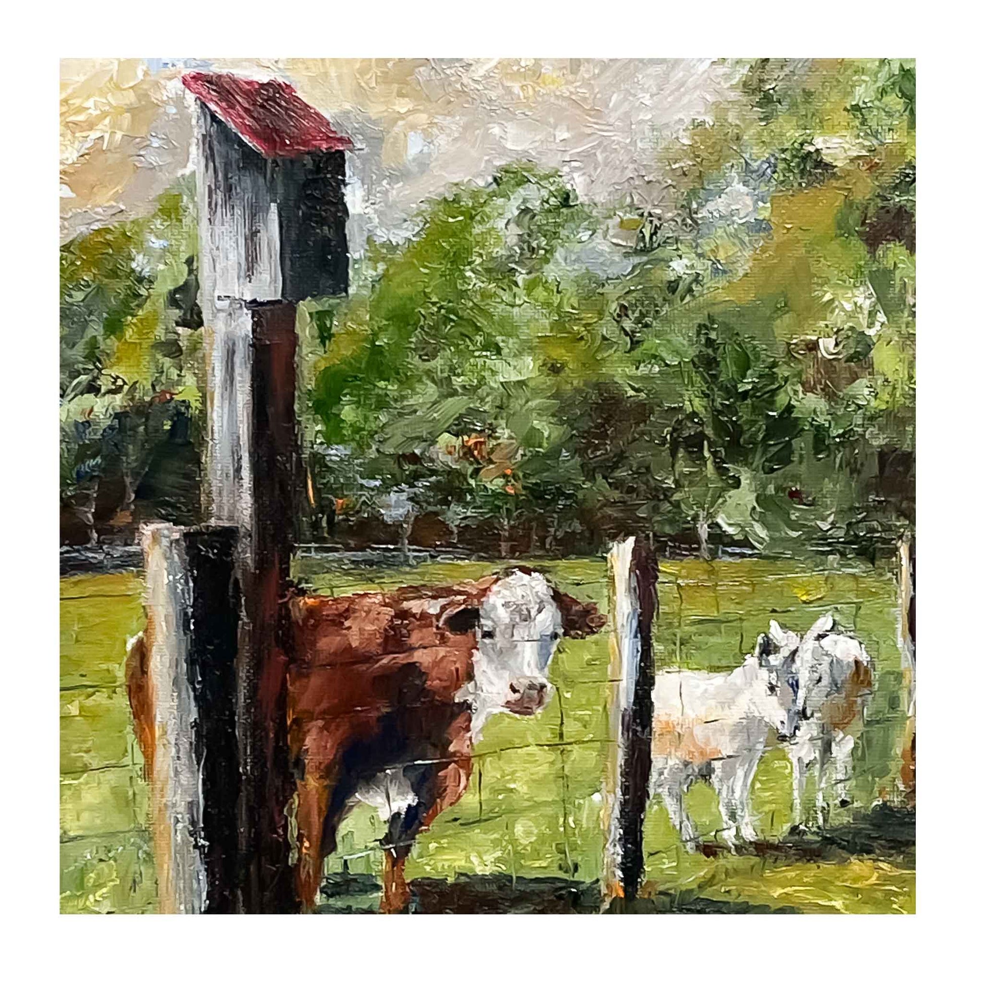 RO Friends at the Fence Original Oil Painting by Artist Becky Owen. Green pastures and majestic trees serve as a backdrop to this charming country scene. A brown and white cow and two tiny donkeys wait by the fence beneath a wooden bird house. They appear to be waiting expectantly. The pastel blue sky features building clouds. Framed in a rustic wooden frame and ready to hang. Measures 12 " x 15".