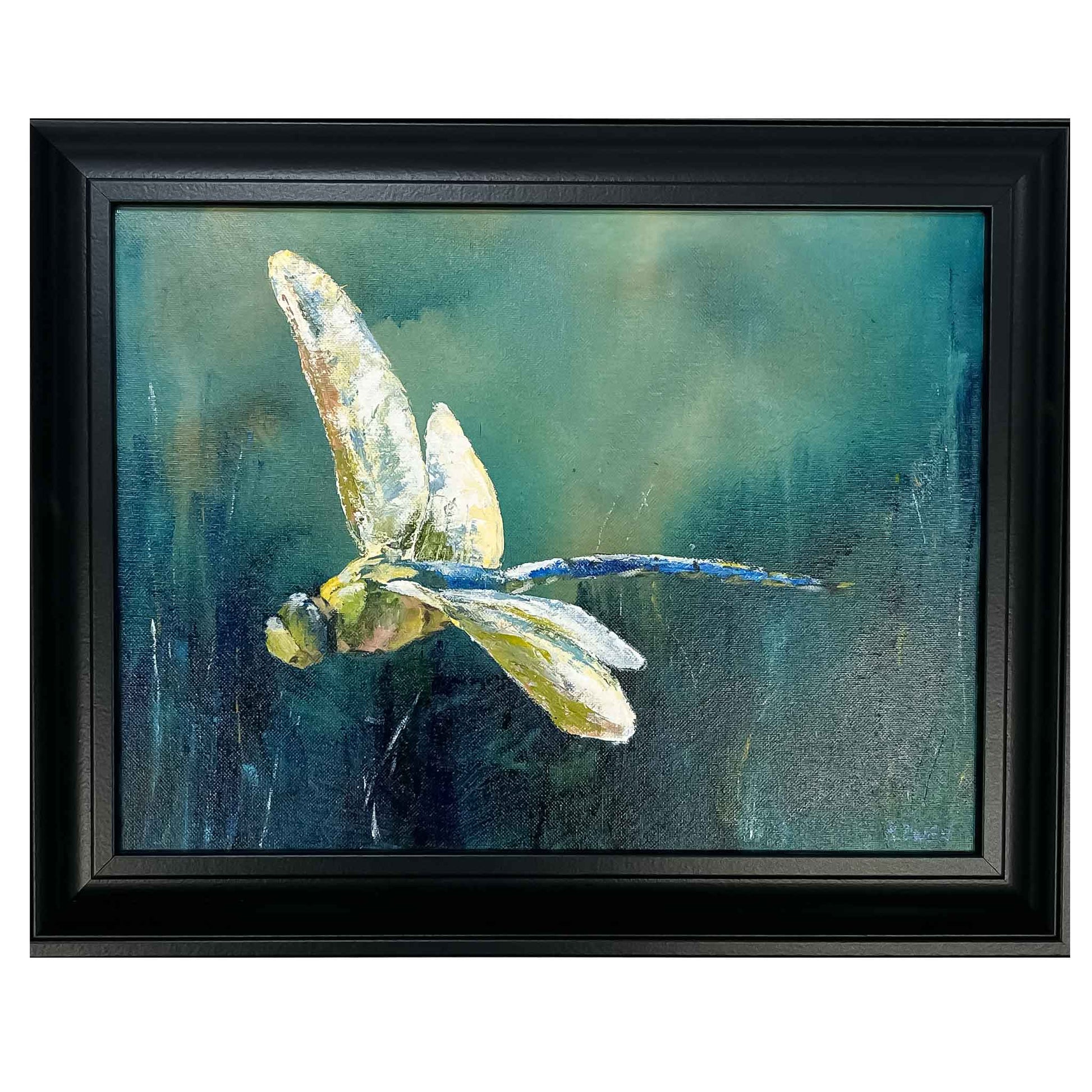 JRO In Flight - Dragonfly Swooping Down Painting by Artist Becky Owen. An original acrylic painting. Brilliant yellow dragonfly set against a blue and green background. Framed in a black wooden frame. 14" x 17".