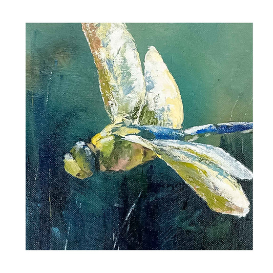 JRO In Flight - Dragonfly Swooping Down Painting by Artist Becky Owen.  An original acrylic painting.  Brilliant yellow dragonfly set against a blue and green background.  Framed in a black wooden frame.   14" x 17".  