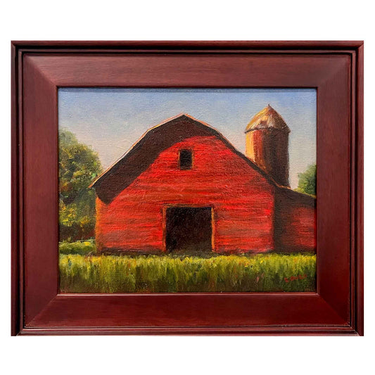 JRO Joe Frank's Barn Original Oil Painting by Becky Owen.  Original oip painting of a lovely old red barn in a field of green grass.  Large stately trees recede into the background.  The pale blue sky is tinged with early morning light.  Measures 12 " x 13" and framed in a lovely wooden frame. 