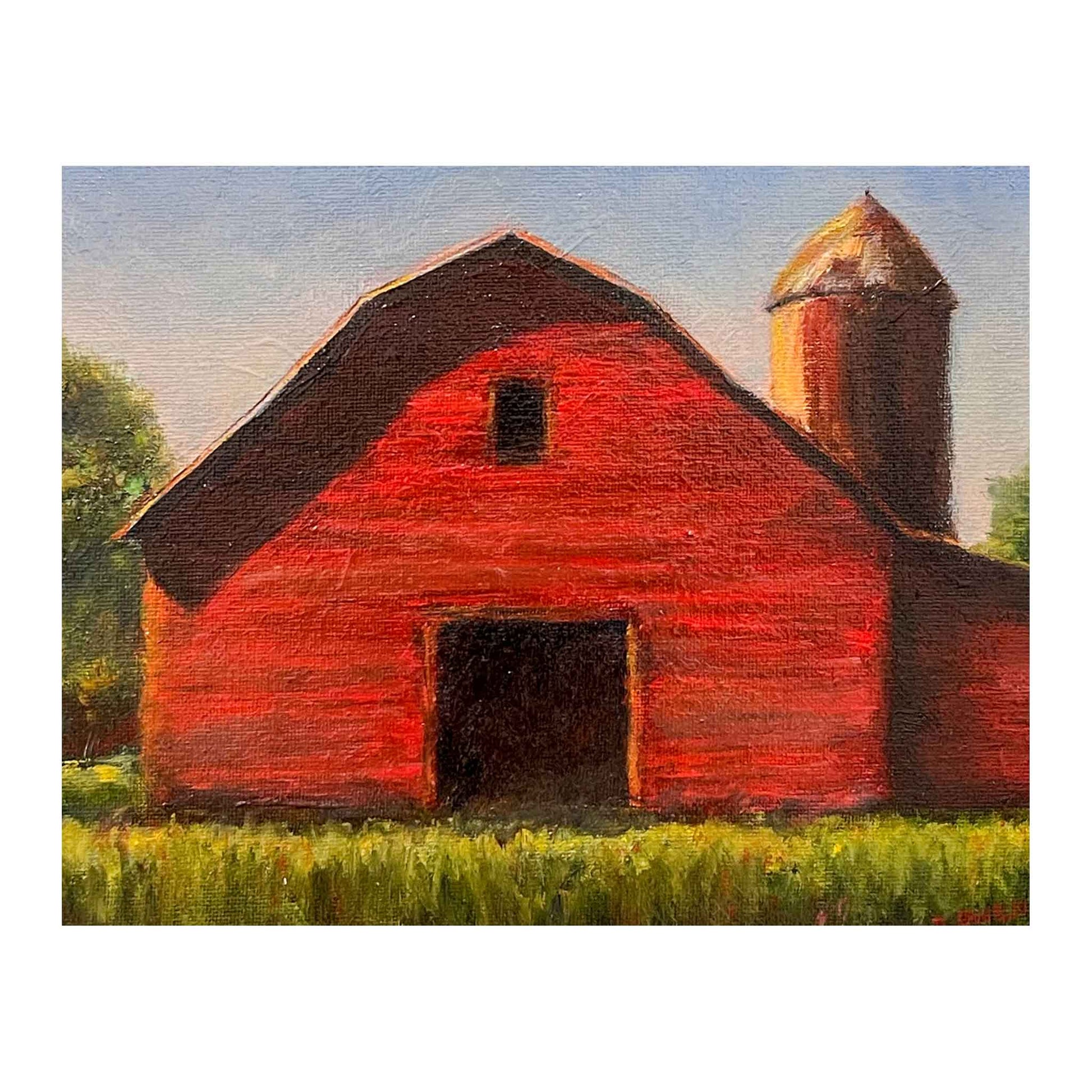 JRO Joe Frank's Barn Original Oil Painting by Becky Owen. Original oip painting of a lovely old red barn in a field of green grass. Large stately trees recede into the background. The pale blue sky is tinged with early morning light. Measures 12 " x 13" and framed in a lovely wooden frame.