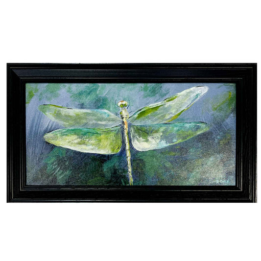 JRO New Beginnings - Expressive Dragonfly Original Painting.  Original painting done with a palette knife and brushes. Green and cream colored dragonfly on a muted green and blue background.  Measures 19" x 11".  Framed with a black wooden frame and ready to hang.