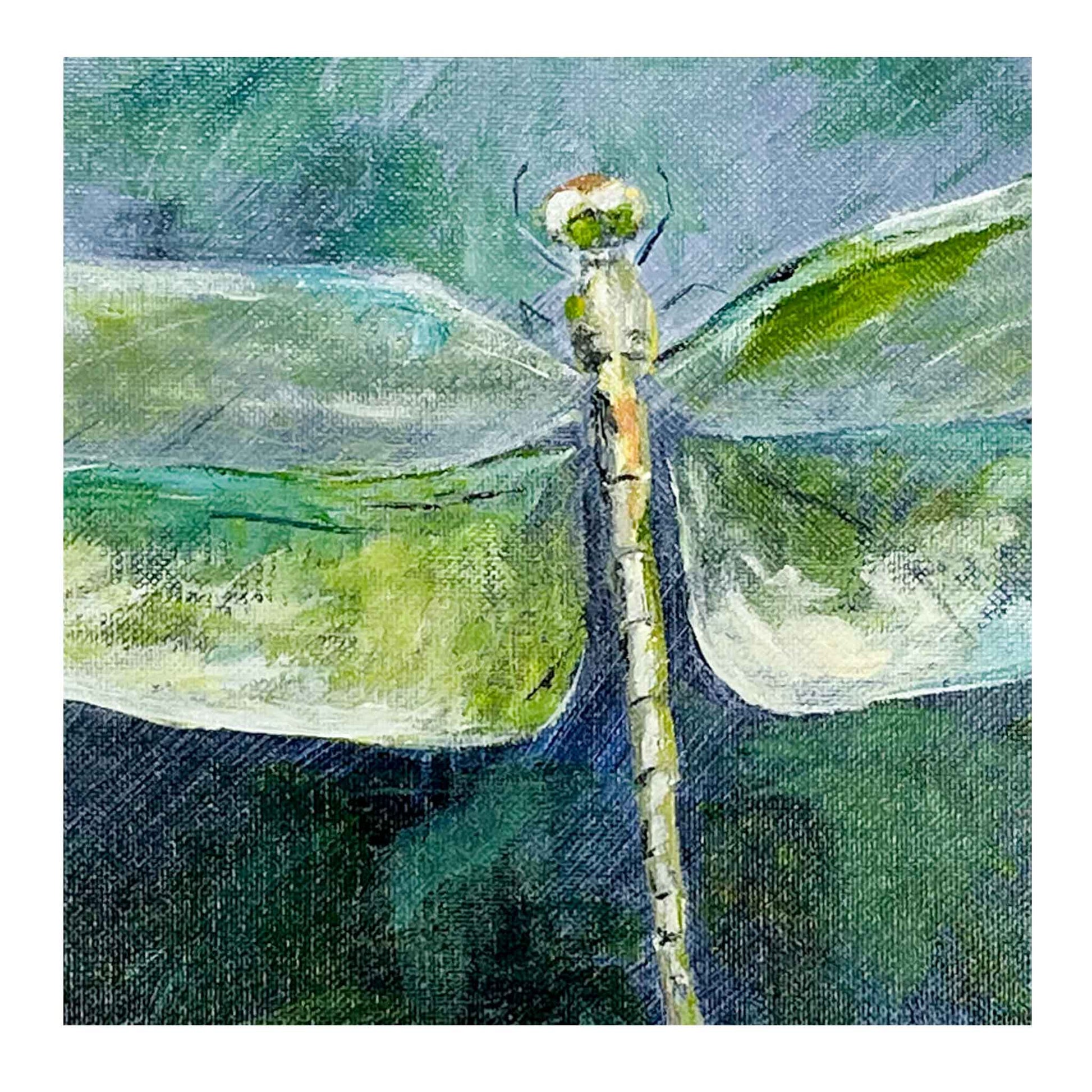RO New Beginnings - Expressive Dragonfly Original Painting. Original painting done with a palette knife and brushes. Green and cream colored dragonfly on a muted green and blue background. Measures 19" x 11". Framed with a black wooden frame and ready to hang.