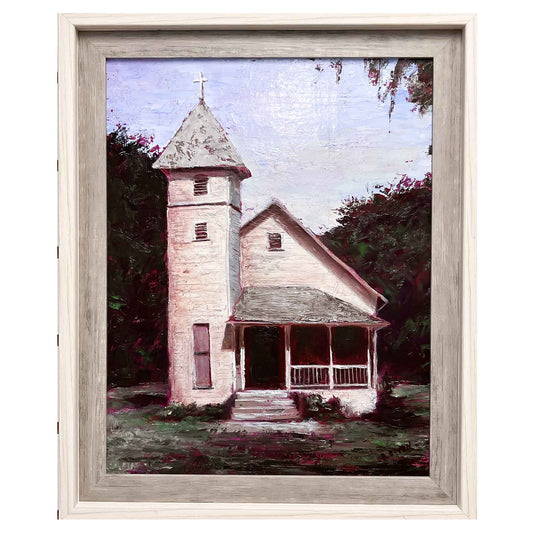 JRO Old Time Religion Oil Painting of Church by Artist Becky Owen.  A nostalgic, original acrylic painting of an old country church.  Features a cream colored church surrounded by dark green trees.  Louvered windows and a tiny porch.  Framed in a rustic wooden frame it measures 14 " x 17" and is ready to hang.  