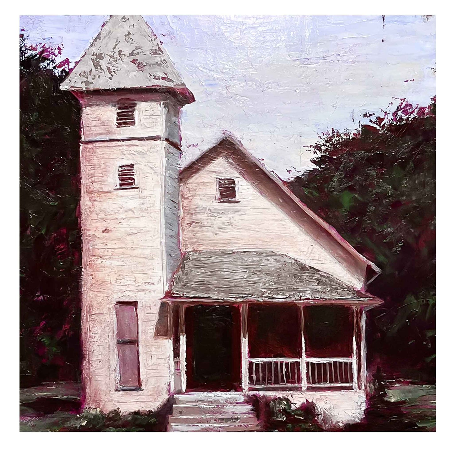 JRO Old Time Religion Oil Painting of Church by Artist Becky Owen. A nostalgic, original acrylic painting of an old country church. Features a cream colored church surrounded by dark green trees. Louvered windows and a tiny porch. Framed in a rustic wooden frame it measures 14 " x 17" and is ready to hang.