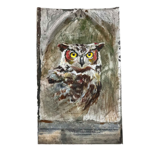 JRO Owl Staring You Down Original Painting by Becky Owen.  Original painting crafted on a vintage metal roof shingle from a church in Deland, Florida.  Acrylic painting of an intense owl with piercing yellow eyes staring at you.  Painted in Earth tone colors.