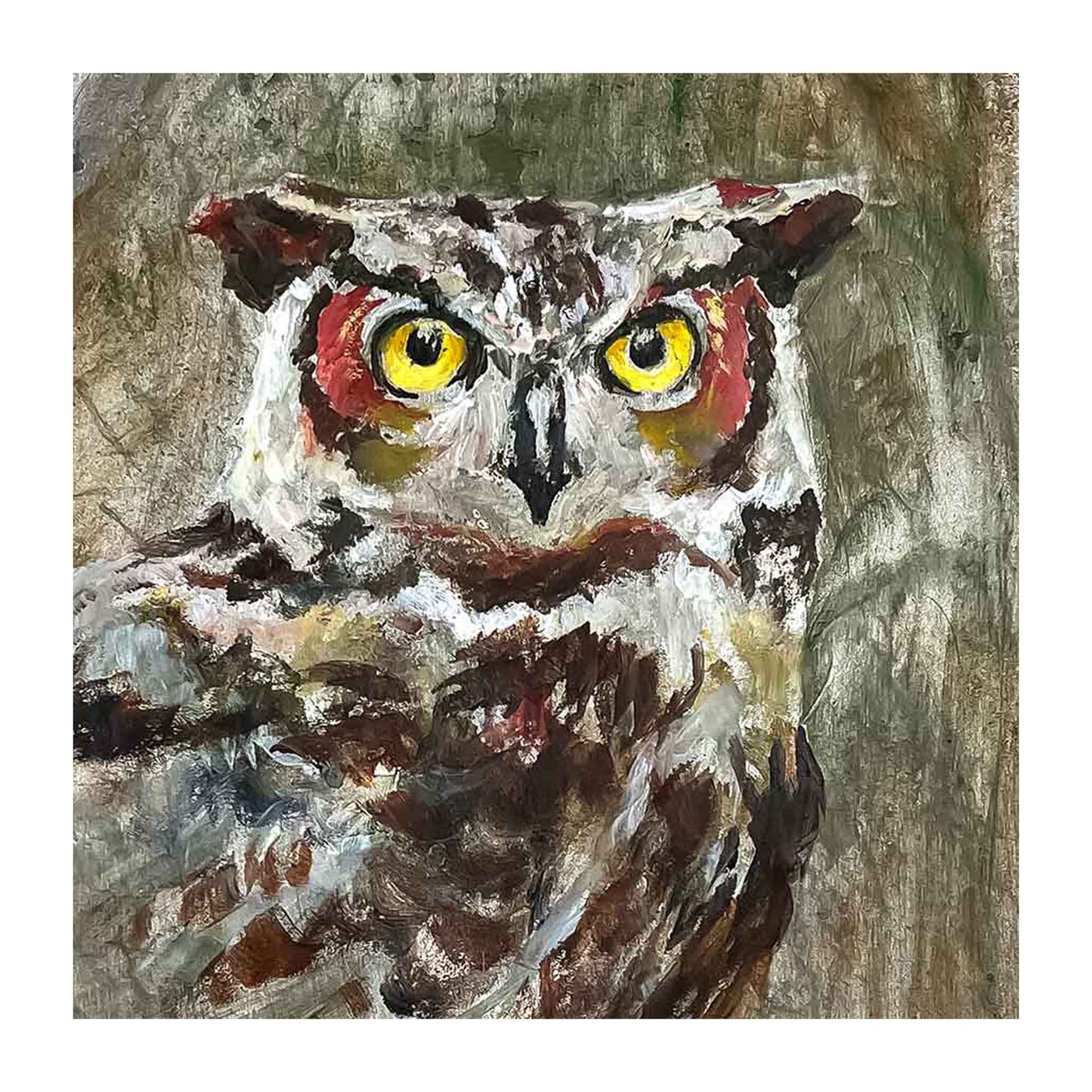 JRO Owl Staring You Down Original Painting by Becky Owen. Original painting crafted on a vintage metal roof shingle from a church in Deland, Florida. Acrylic painting of an intense owl with piercing yellow eyes staring at you. Painted in Earth tone colors.