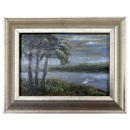 Original oil painting by artist Becky Owen, graceful palms over a serene lake.  Features a wild White Egret. 7" x 9" Framed painting for tabletop or wall 
