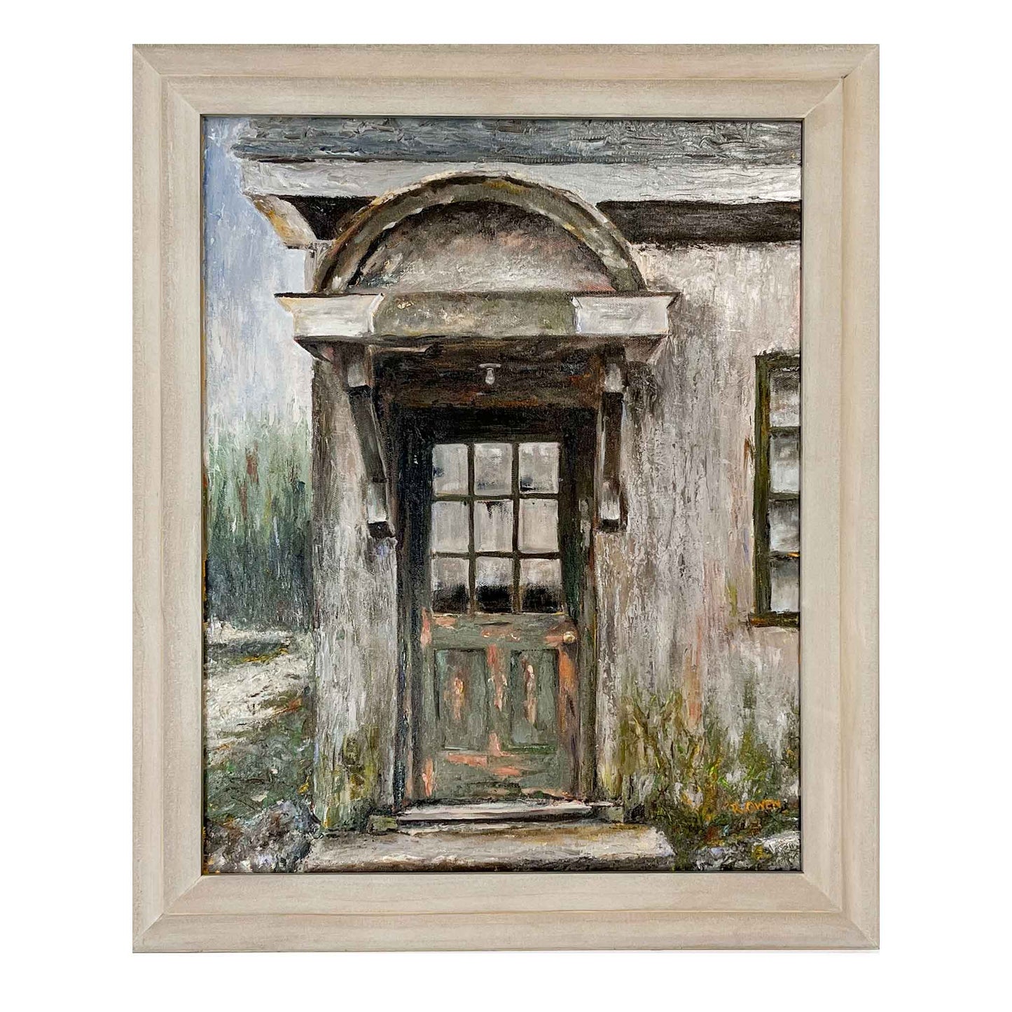 JRO Past Glory - Old Doorway Original Painting by Artist Becky Owen. Muted neutral colors showcase this old doorway with its peeling and faded paint. One bare lightbulb hangs to defy the night. 20" x 24" framed painting in a beige wooden frame. Ready to hang.
