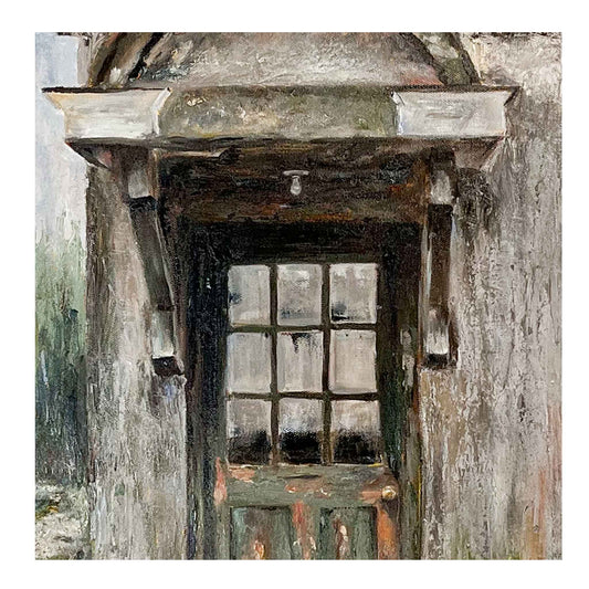 JRO Past Glory - Old Doorway Original Painting by Artist Becky Owen.  Muted neutral colors showcase this old doorway with its peeling and faded paint.  One bare lightbulb hangs to defy the night.  20" x 24" framed painting in a beige wooden frame.  Ready to hang.  