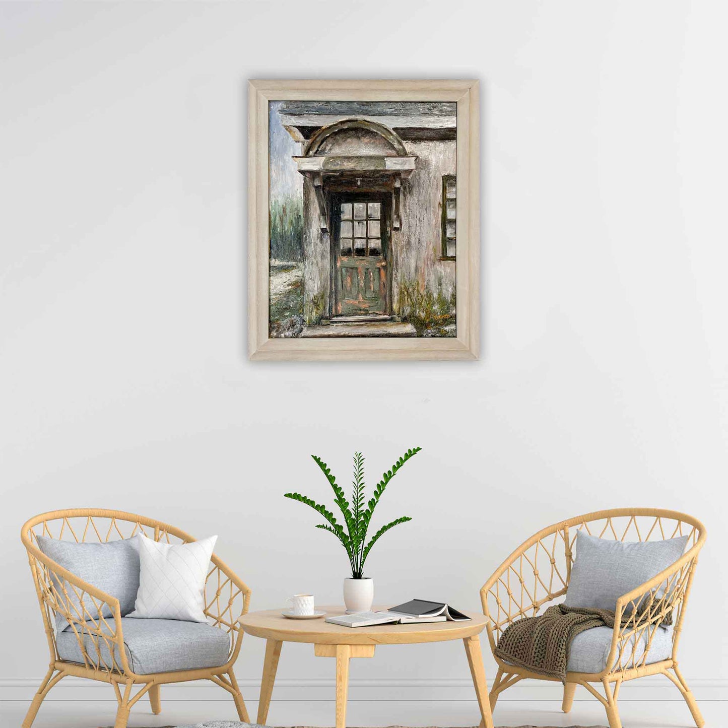 JRO Past Glory - Old Doorway Original Painting by Artist Becky Owen. Muted neutral colors showcase this old doorway with its peeling and faded paint. One bare lightbulb hangs to defy the night. 20" x 24" framed painting in a beige wooden frame. Ready to hang.