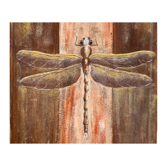 JRO Straight-Laced Golden Girl Dragonfly Painting.  A stunning rust and golden dragonfly on a vintage metal roof shingle.  Reclaimed from North Carolina.  An acrylic painting on a brown and beige background.  9 x 14 inches, ready to hang.  