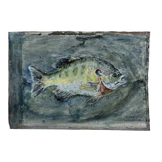 JRO Sunfish on a Vintage Horizontal Roof Shingle, beautiful rendition of a colorful sunfish, swimming Original acrylic painting by Becky owen